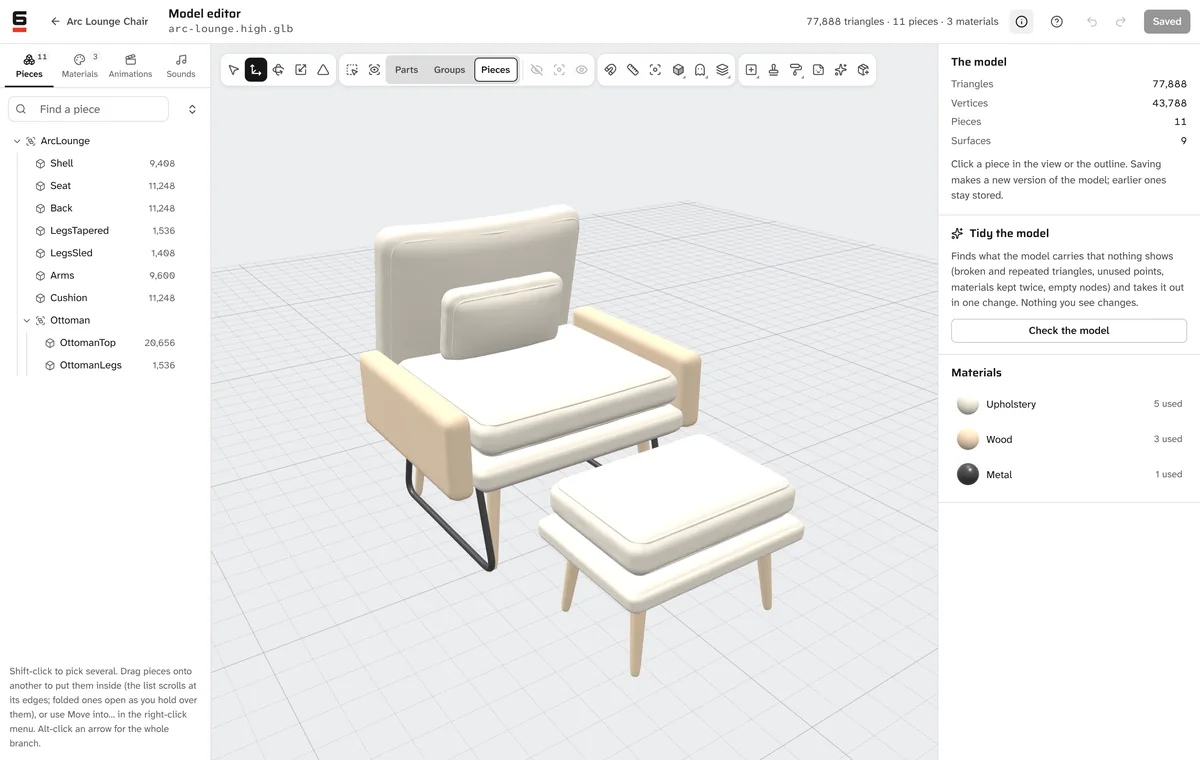 huesix Studio’s model editor: a lounge chair and ottoman, its pieces listed beside the 3D view and its tools above it