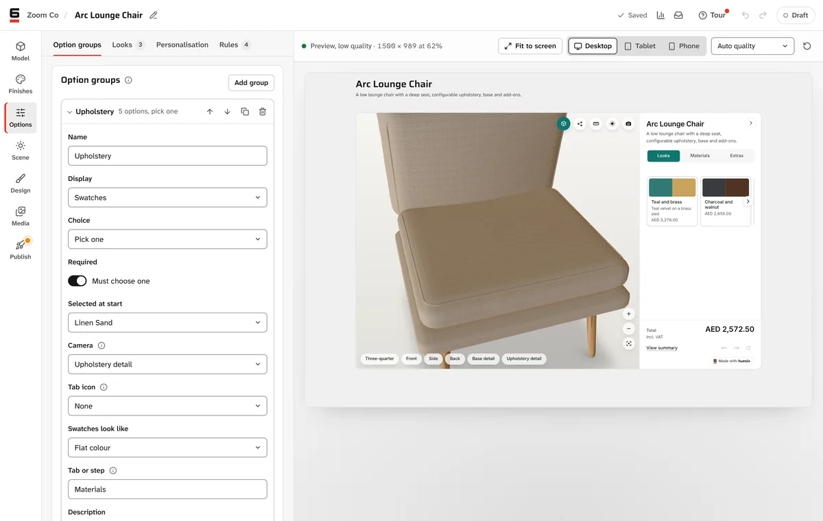 Studio’s editor with an option group’s settings beside the live preview, which has moved to the camera that shows the fabric it changes