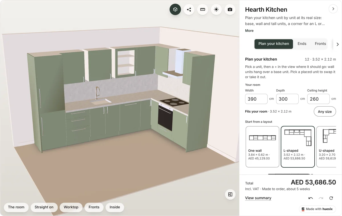 A kitchen planned in its room in huesix: base and wall units along two walls, with the modules to add listed beside it